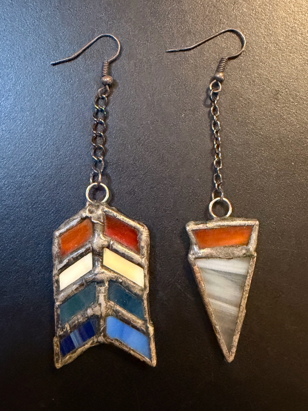 Stained Glass Chevron Colorful Earrings HandMade Stainless Hooks 5” Lightweight - Picture 5 of 6